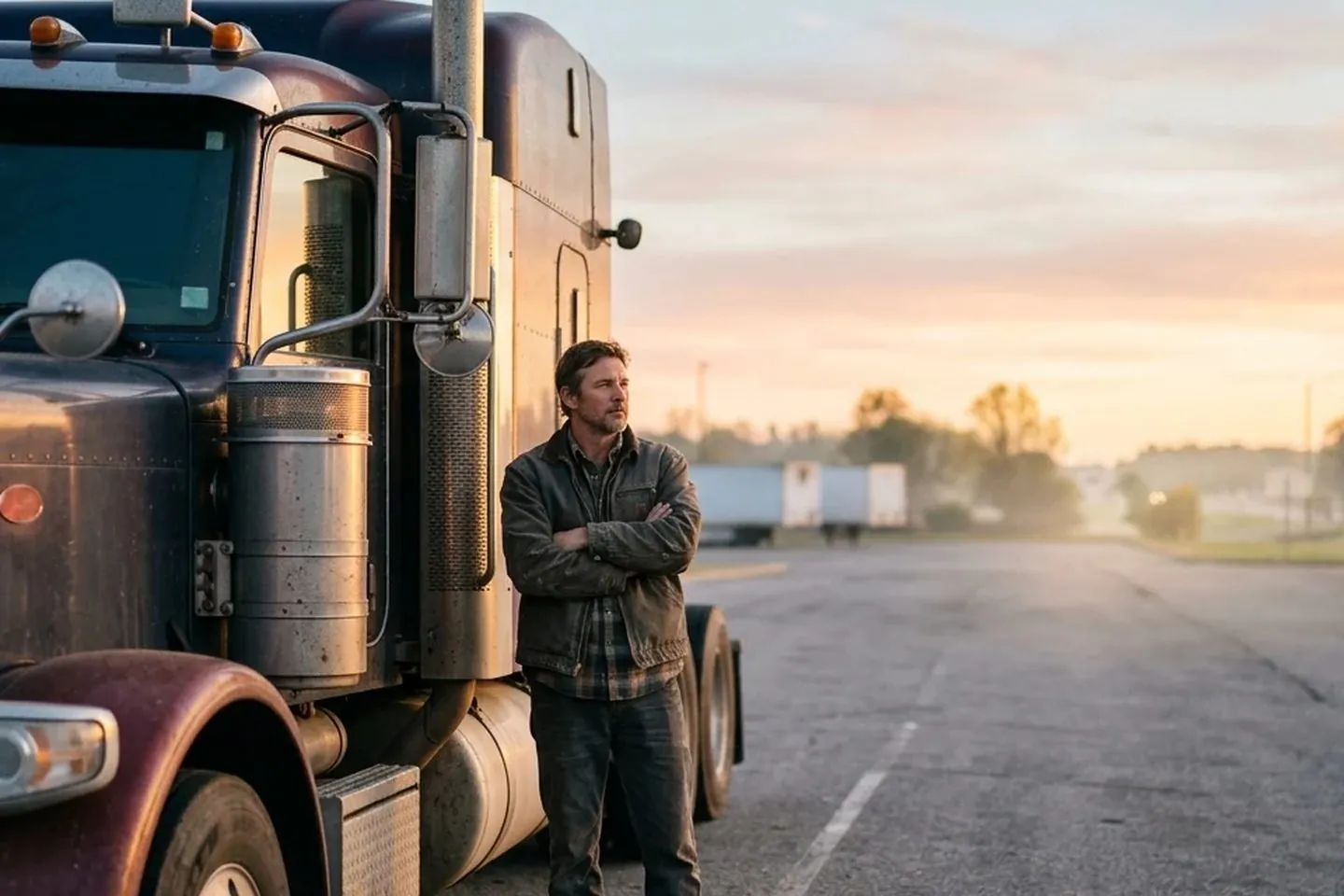 A truck driver standing beside his cab at sunrise